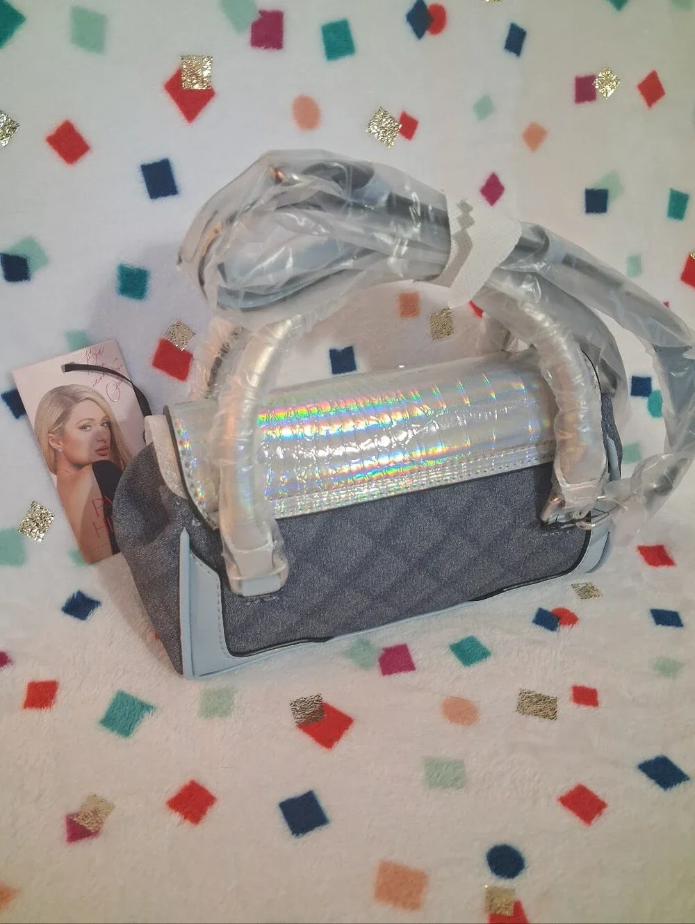 Paris Hilton Mason Mini Tote Crossbody Denim Holographic Iridescent NWT Easter